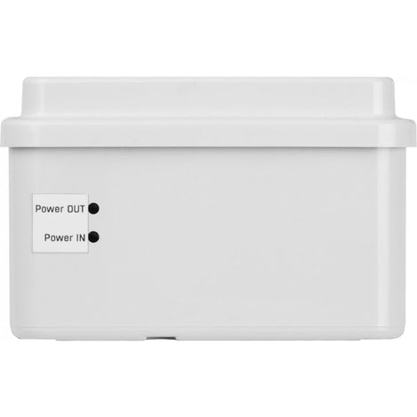 White electronic device with power connection labels (Power OUT, Power IN) on a white background