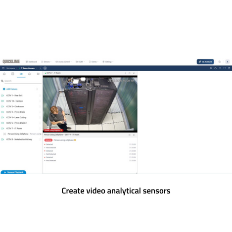 A screenshot of a video surveillance software interface showing a live feed from cameras labeled Quickline, with a sidebar menu and a central monitor window displaying a person standing in front of server racks.