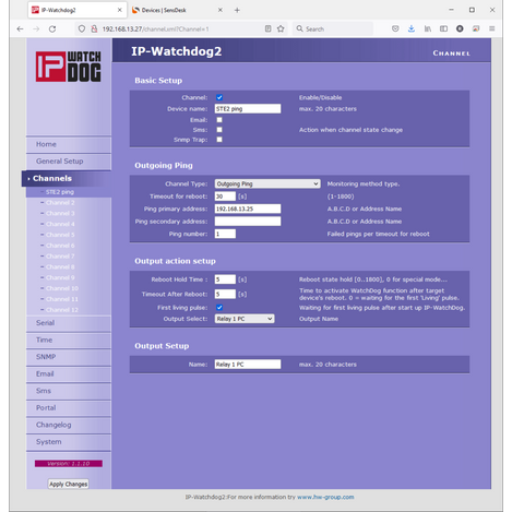 HWG IP Watchdog2 Industrial software interface for basic setup.
