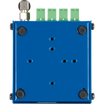 Underside view of the WLD2 PoE device shows 6 holes and the extension of the phoenix connectors and antenna  base from the side .