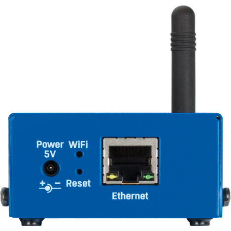 WLD2 PoE side view of the Power 5V connector,  Ethernet port, WiFi  LED and Reset button. Can see antenna from the other side.
