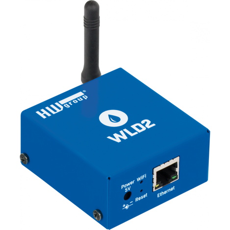 WLD2 PoE device showing antenna, Ethernet port, power connection, Reset button and Wi-Fi LED