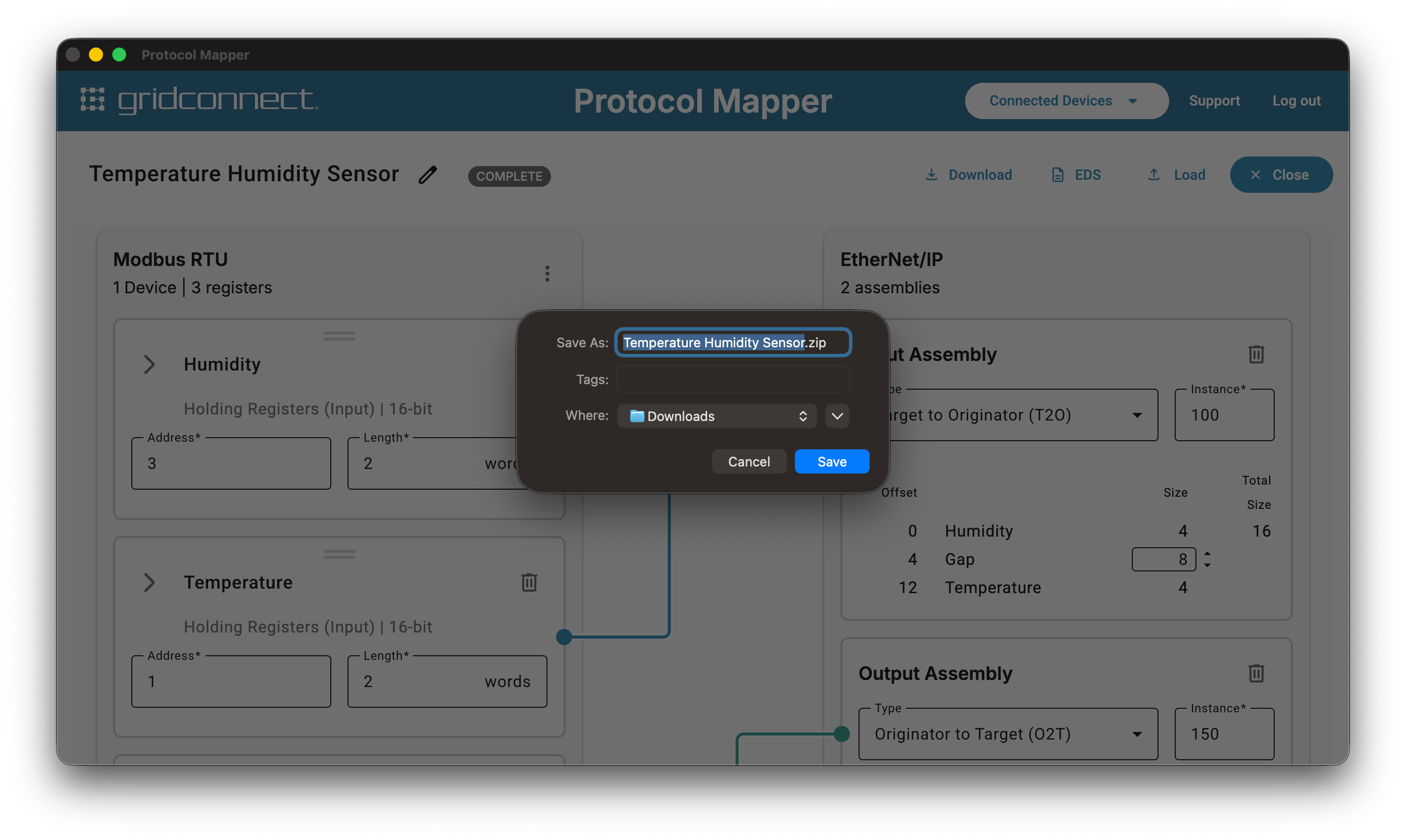 A completed configuration with options to load it to a connected device or download the exported configuration files