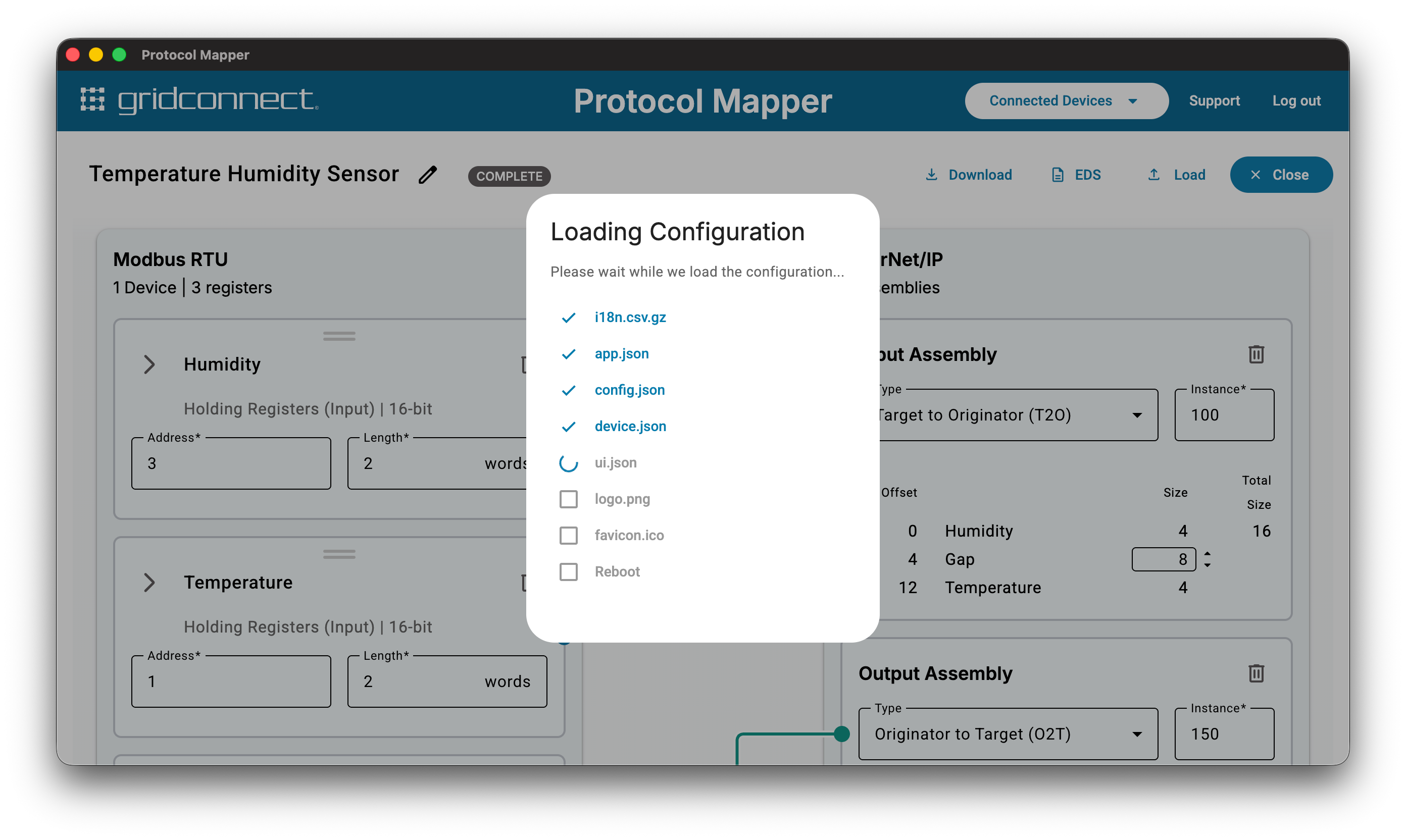 Protocol Mapper validating and loading a configuration to a connected GRID45 device
