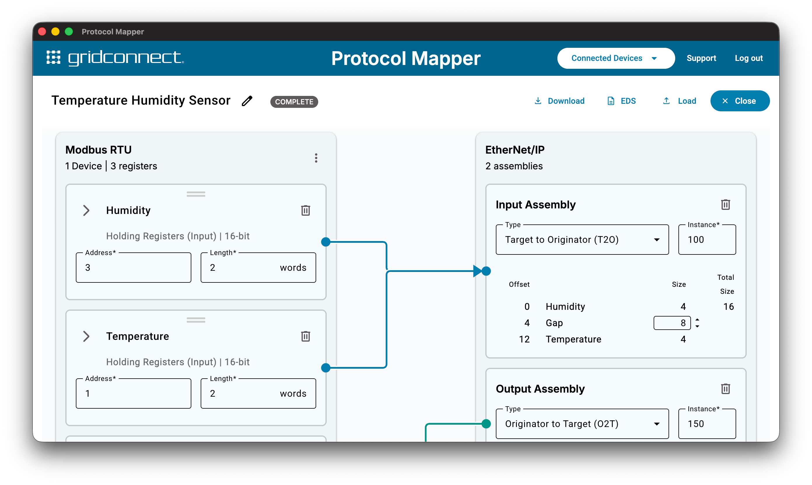 A mapping card being dragged to a new offset position on an EtherNet/IP assembly
