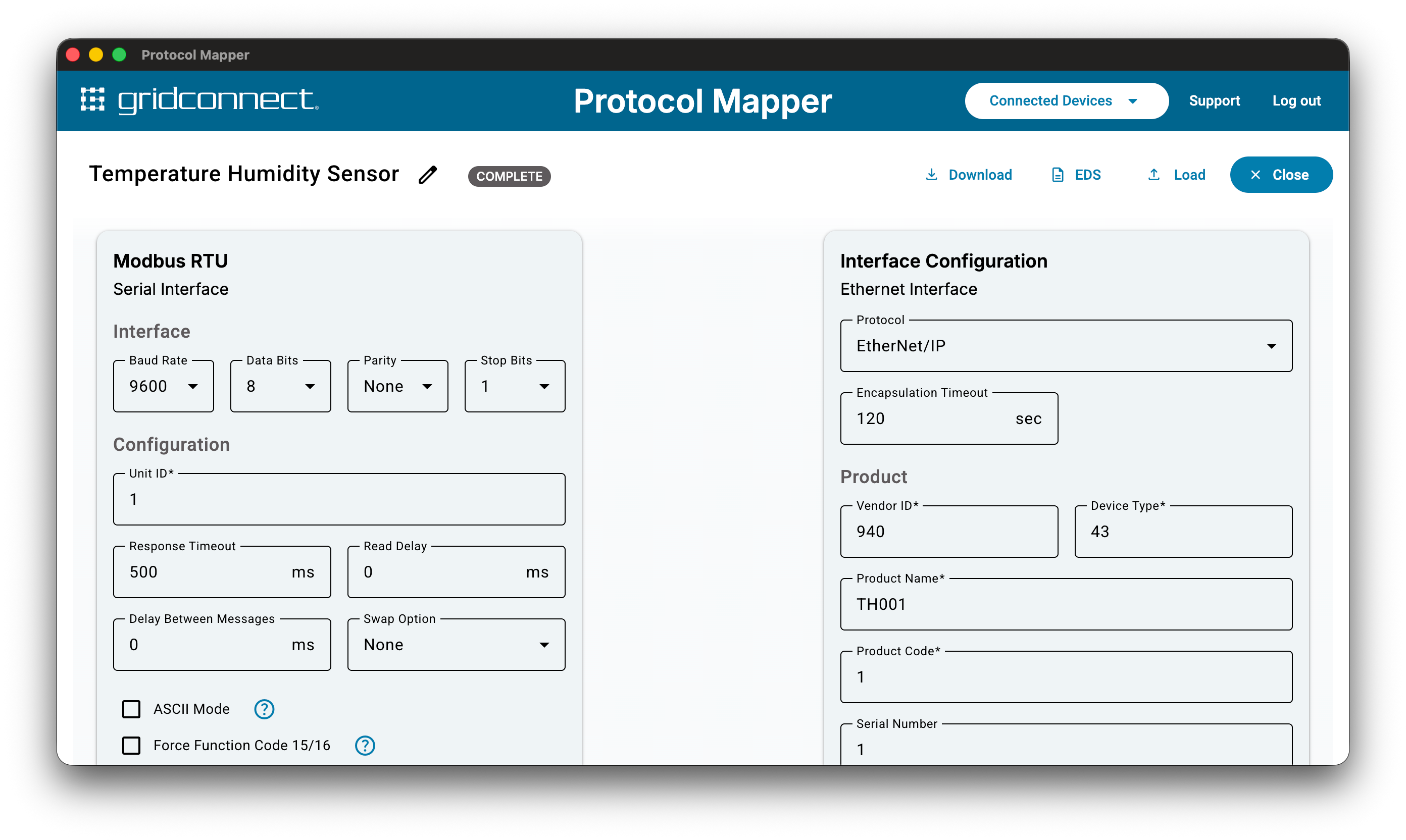 Step 1 of 2 configuration screen showing Modbus RTU and EtherNet/IP fields side by side