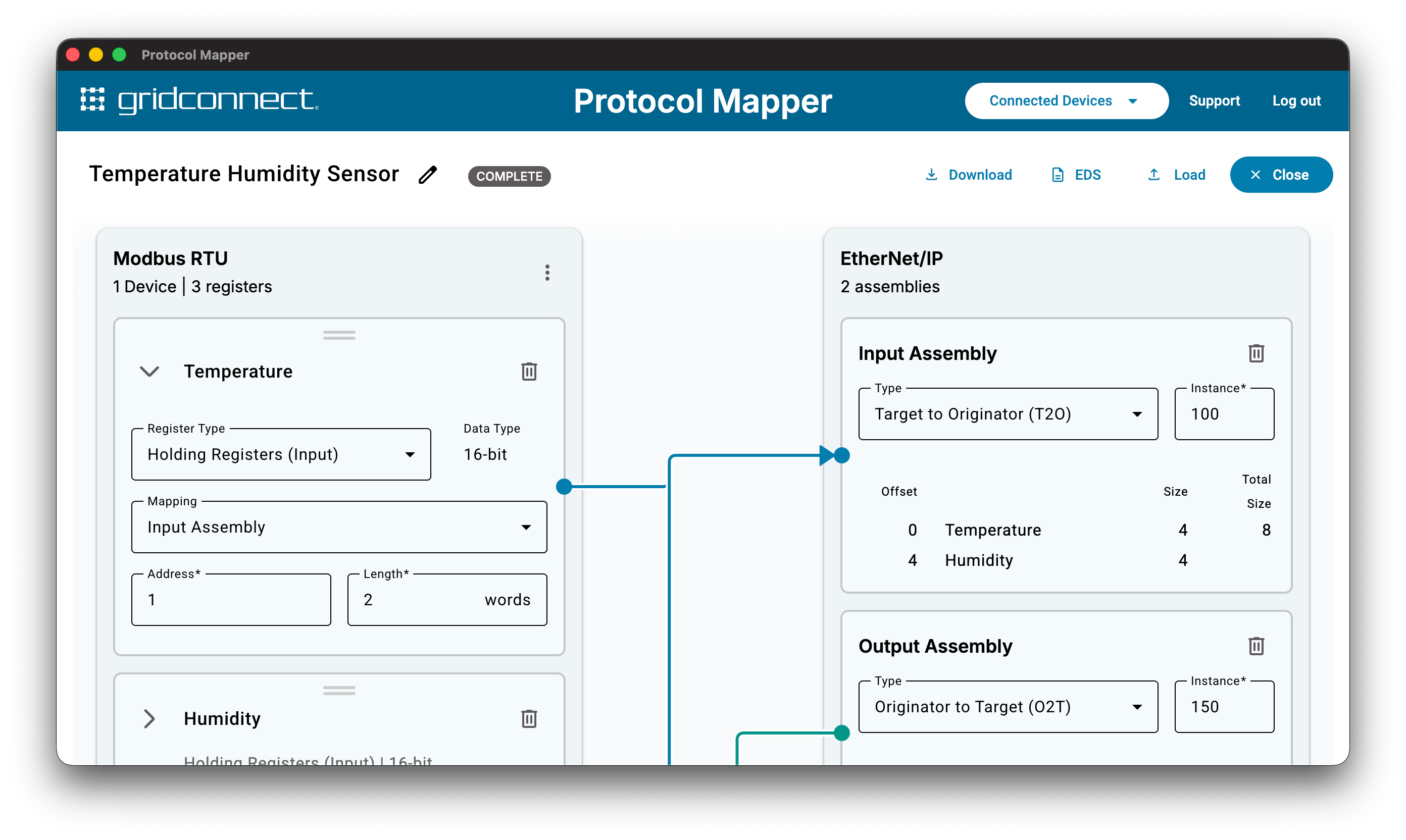 Step 2 of 2 mapping screen showing a Modbus register mapped to EtherNet/IP input and output assemblies
