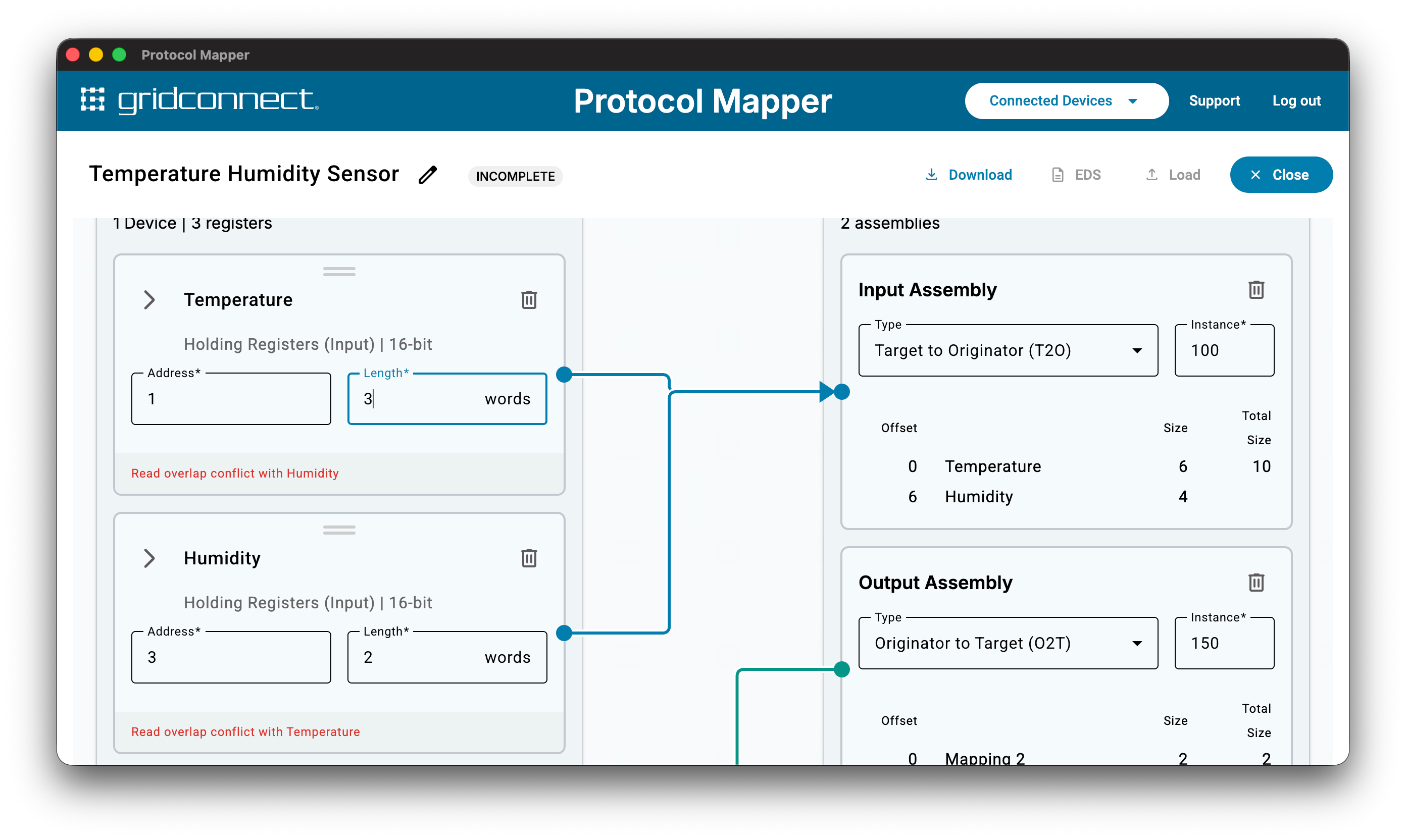 Two Holding Register mappings to Input Assembly 100, with the second flagged for an overlapping address range